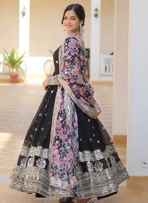 Black zari & sequins embroidered work georgette stitched kurta & dupatta set 2