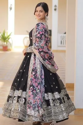 Black zari & sequins embroidered work georgette stitched kurta & dupatta set