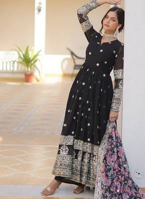 Black zari & sequins embroidered work georgette stitched kurta & dupatta set 3