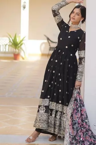 Black zari & sequins embroidered work georgette stitched kurta & dupatta set