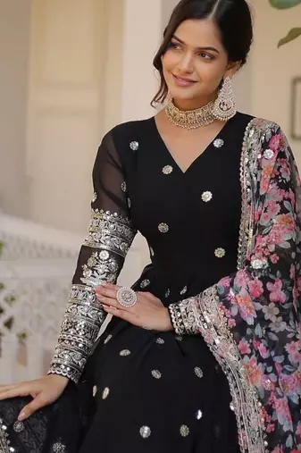 Black zari & sequins embroidered work georgette stitched kurta & dupatta set