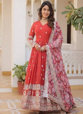 Red zari & sequins embroidered georgette kurta & dupatta set 1