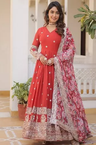 Red zari & sequins embroidered work georgette stitched kurta & dupatta set