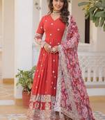 Red zari & sequins embroidered georgette kurta & dupatta set