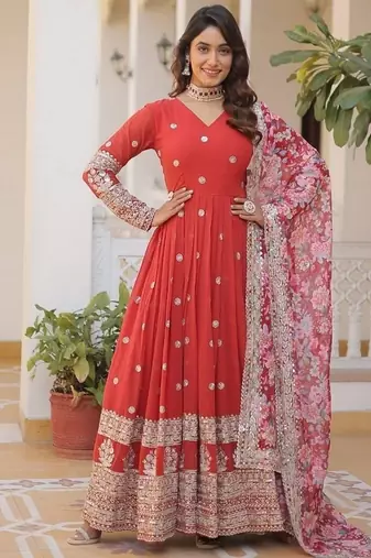 Red zari & sequins embroidered georgette kurta & dupatta set