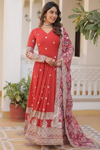 Red zari & sequins embroidered georgette kurta & dupatta set