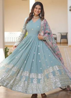 Sky zari & sequins embroidered georgette kurta & dupatta set 1
