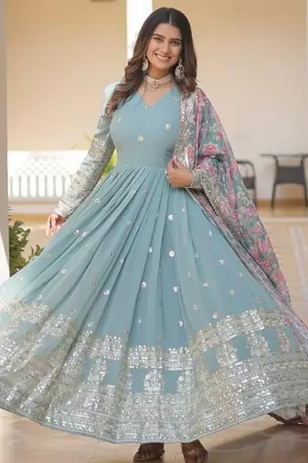 Sky zari & sequins embroidered work georgette stitched kurta & dupatta set