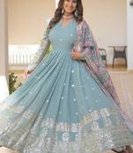 Sky zari & sequins embroidered georgette kurta & dupatta set