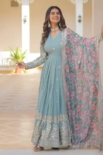 Sky zari & sequins embroidered georgette kurta & dupatta set