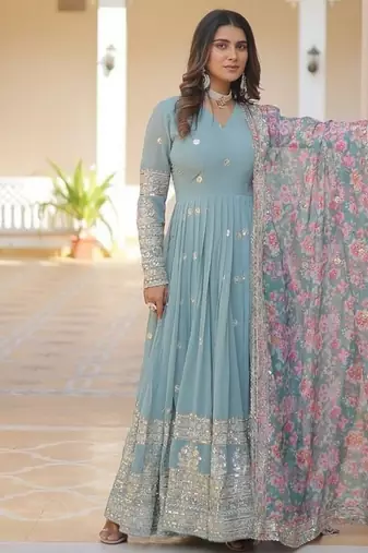 Sky zari & sequins embroidered georgette kurta & dupatta set