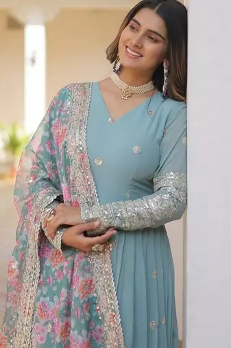 Sky zari & sequins embroidered georgette kurta & dupatta set