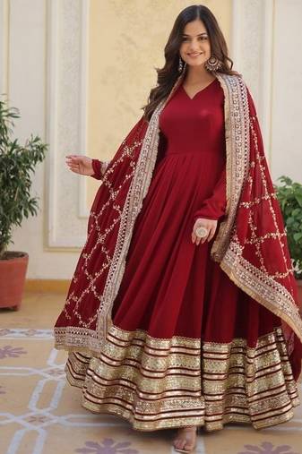 Maroon zari & sequins embroidered work georgette stitched kurta & dupatta set