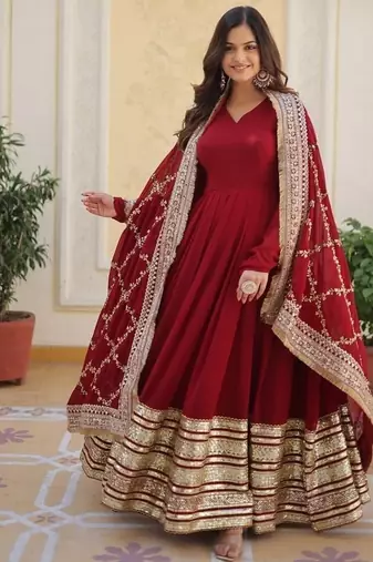 Maroon zari & sequins embroidered work georgette stitched kurta & dupatta set