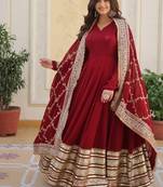Maroon zari & sequins embroidered georgette kurta & dupatta set