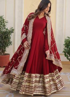 Maroon zari & sequins embroidered georgette kurta & dupatta set 2