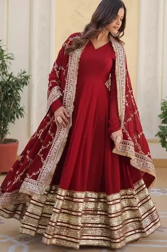 Maroon zari & sequins embroidered georgette kurta & dupatta set