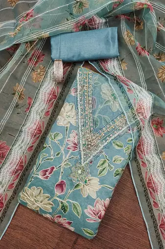 Sea-green sequins organza semi stitched churidar dress-materials