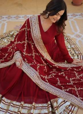 Maroon zari & sequins embroidered georgette kurta & dupatta set 3