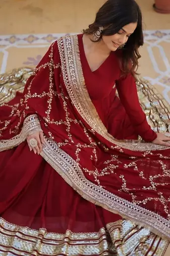 Maroon zari & sequins embroidered georgette kurta & dupatta set