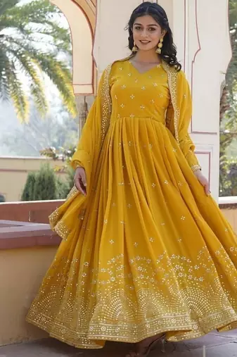 Yellow zari & sequins embroidered work georgette stitched kurta & dupatta set