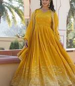 Yellow zari & sequins embroidered georgette kurta & dupatta set