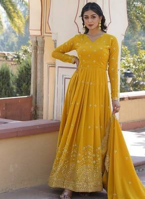 Yellow zari & sequins embroidered georgette kurta & dupatta set 2