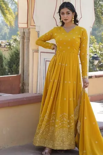 Yellow zari & sequins embroidered georgette kurta & dupatta set