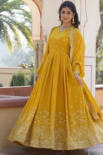 Yellow zari & sequins embroidered georgette kurta & dupatta set
