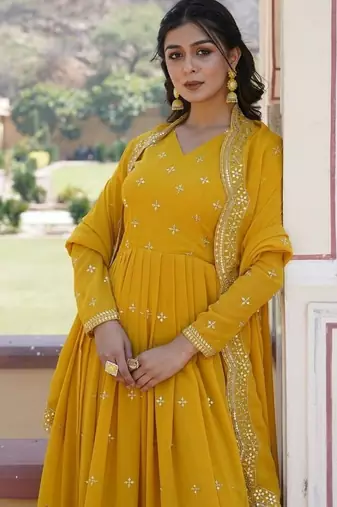 Yellow zari & sequins embroidered georgette kurta & dupatta set
