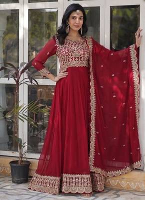 Maroon zari & sequins embroidered work georgette stitched kurta & dupatta set 1