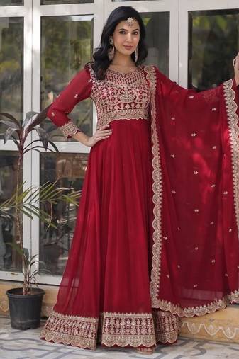 Maroon zari & sequins embroidered work georgette stitched kurta & dupatta set