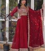 Maroon zari & sequins embroidered work georgette stitched kurta & dupatta set