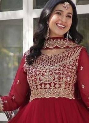 Maroon zari & sequins embroidered work georgette stitched kurta & dupatta set 2