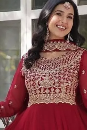 Maroon zari & sequins embroidered work georgette stitched kurta & dupatta set