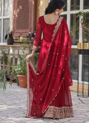 Maroon zari & sequins embroidered work georgette stitched kurta & dupatta set 3