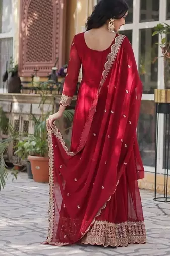 Maroon zari & sequins embroidered work georgette stitched kurta & dupatta set