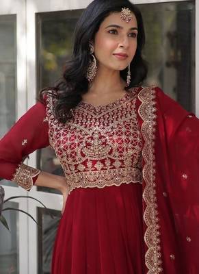 Maroon zari & sequins embroidered work georgette stitched kurta & dupatta set 4