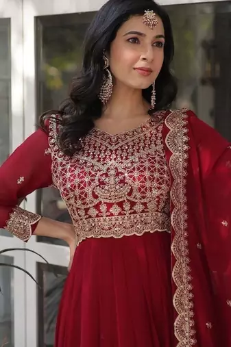 Maroon zari & sequins embroidered work georgette stitched kurta & dupatta set