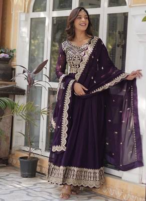 Wine zari & sequins embroidered georgette kurta & dupatta set 1