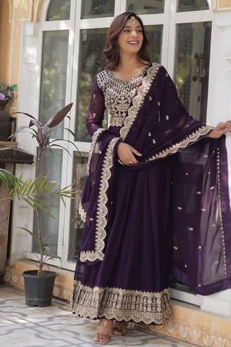 Wine zari & sequins embroidered work georgette stitched kurta & dupatta set