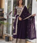Wine zari & sequins embroidered georgette kurta & dupatta set