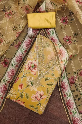 Yellow sequins organza semi stitched churidar dress-materials