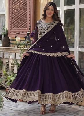 Wine zari & sequins embroidered georgette kurta & dupatta set 2