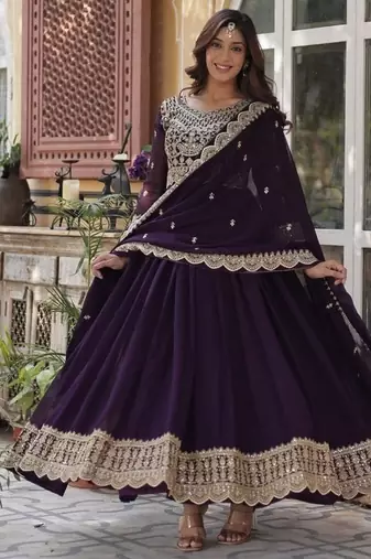Wine zari & sequins embroidered georgette kurta & dupatta set