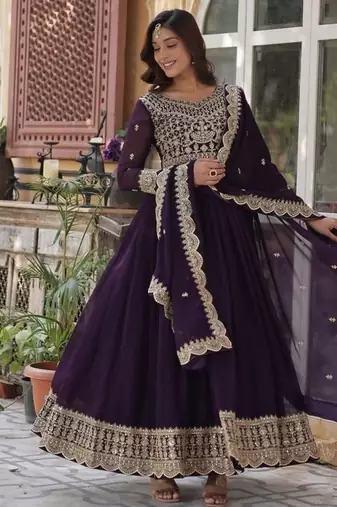 Wine zari & sequins embroidered georgette kurta & dupatta set