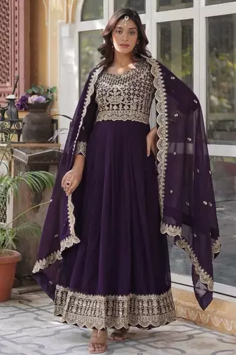 Wine zari & sequins embroidered georgette kurta & dupatta set