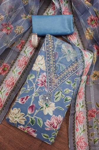 Teal sequins organza semi stitched churidar dress-materials