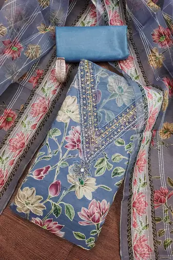 Teal sequins organza semi stitched churidar dress-materials