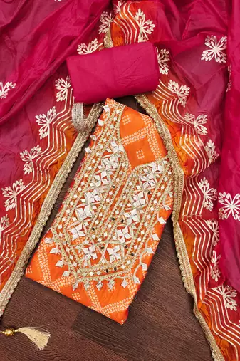 Orange digital print organza semi stitched churidar dress-materials